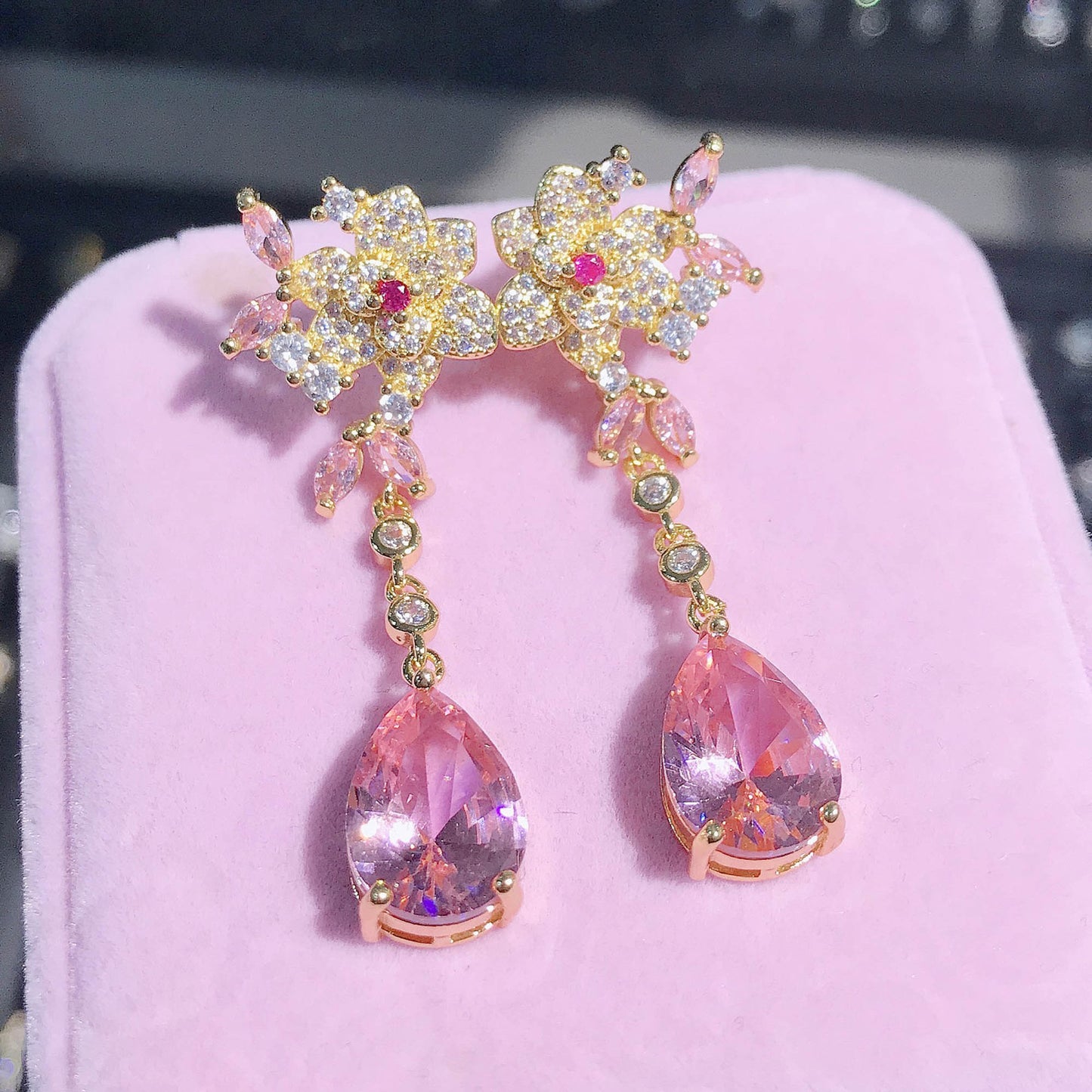 Flower Three-dimensional Rose Drop-shaped Gem Earrings