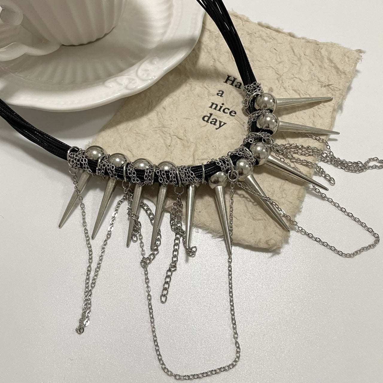 Rivet Round Beads Winding Tassel Necklace