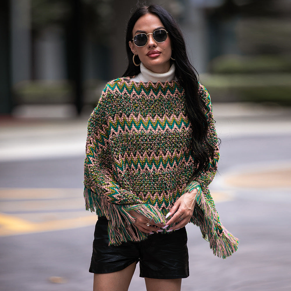V-neck Cloak Type Twill Plaid Tassel Pullover Shawl Knitwear Sweater