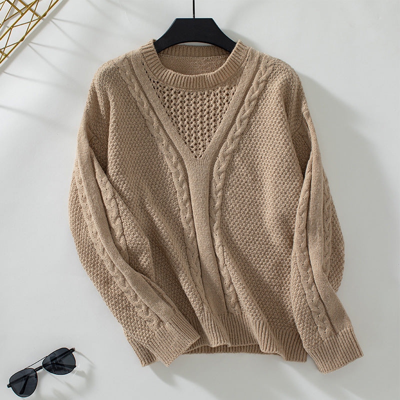 Solid Color Hollow-out Pullover Autumn Winter Retro Knitwear Sweater