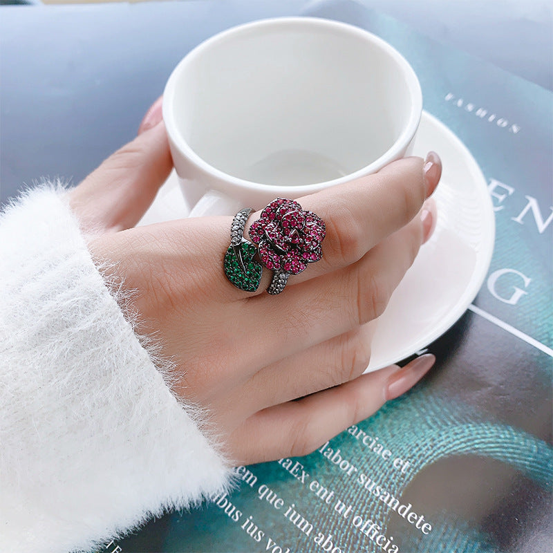 Gold-plated Simulation Red Corundum Black Gold Flower Personality Ring