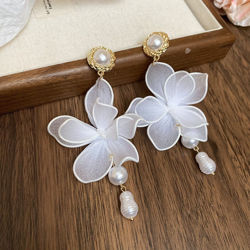 Silver Needle Fabric Flower Pendant Earrings For Women