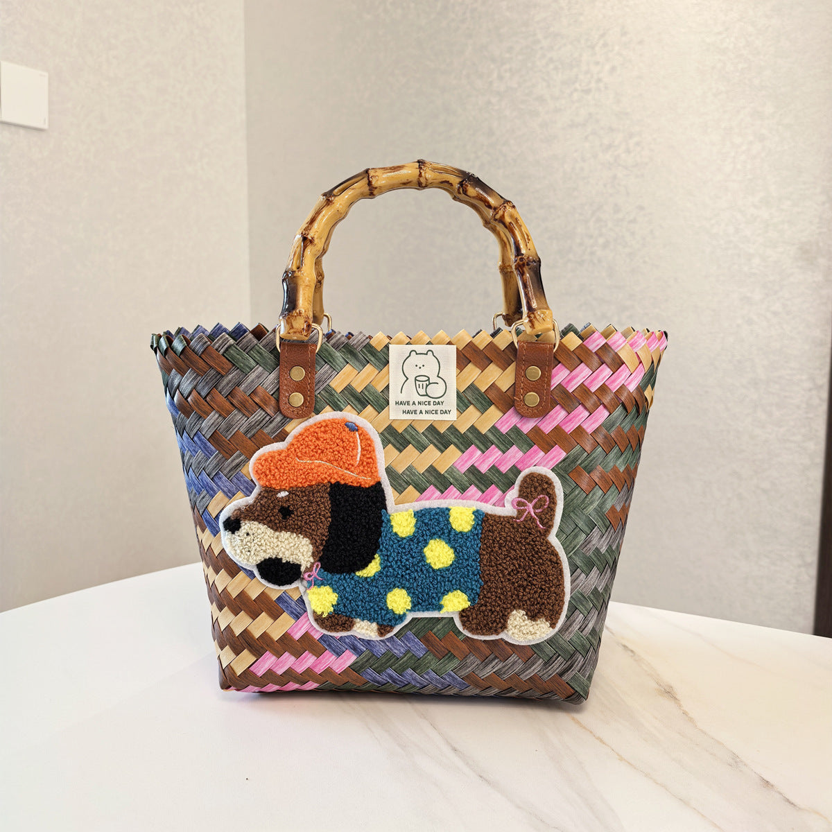Vintage Stripe Sausage Dog Woven Bag