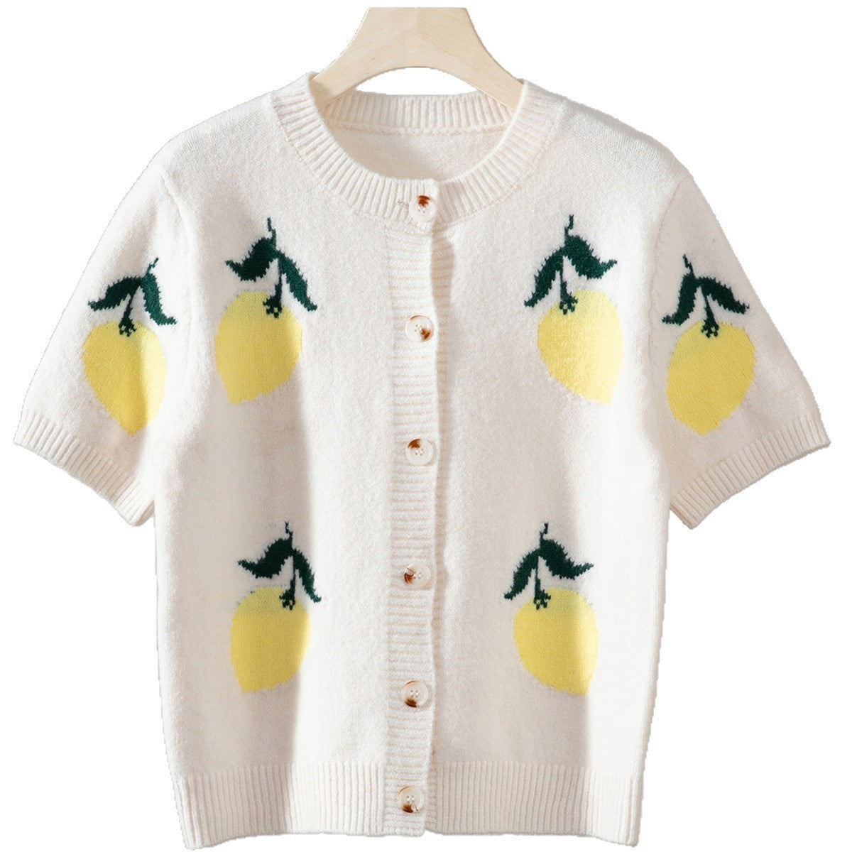 Mango Pattern Knitwear Casual Short Sleeve Button Sweater