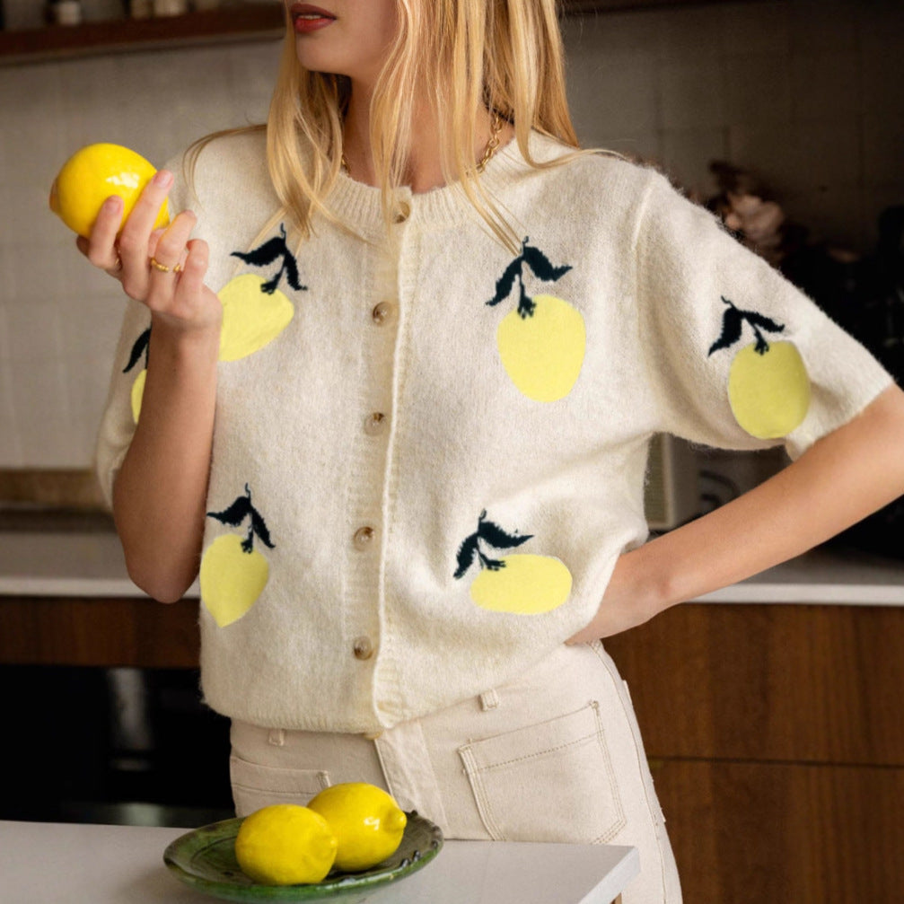 Mango Pattern Knitwear Casual Short Sleeve Button Sweater