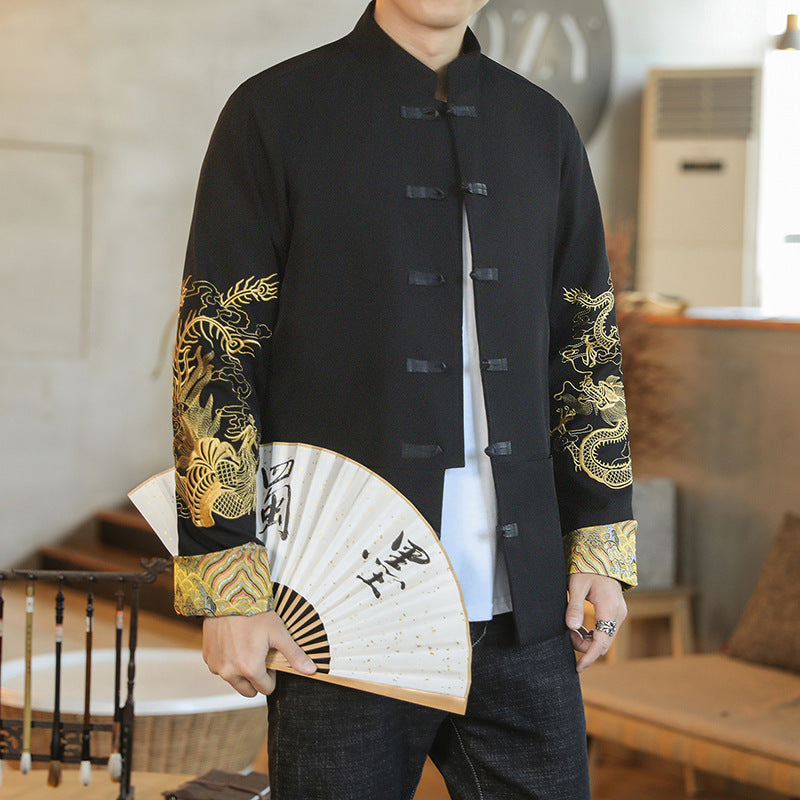 Chinese Style Men's Fashion Wear Jacket Stand Collar Buckle Turned Cuff Dragon And Phoenix Embroidery