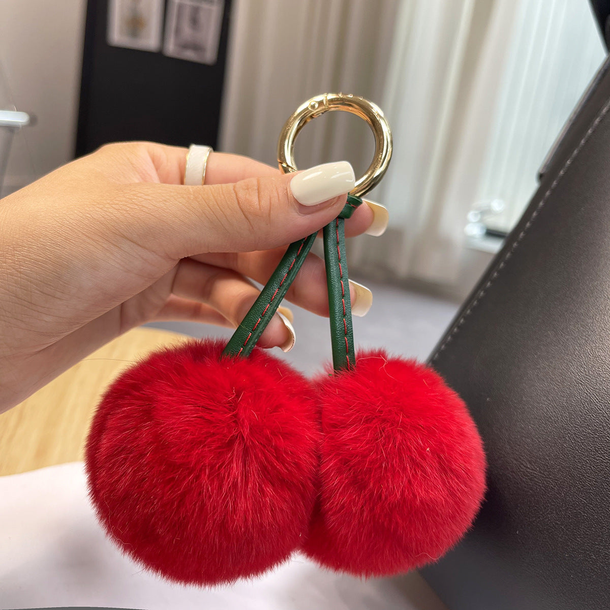 Real Otter Rabbit Fur Grass Little Cherry Car Keychain Pendant