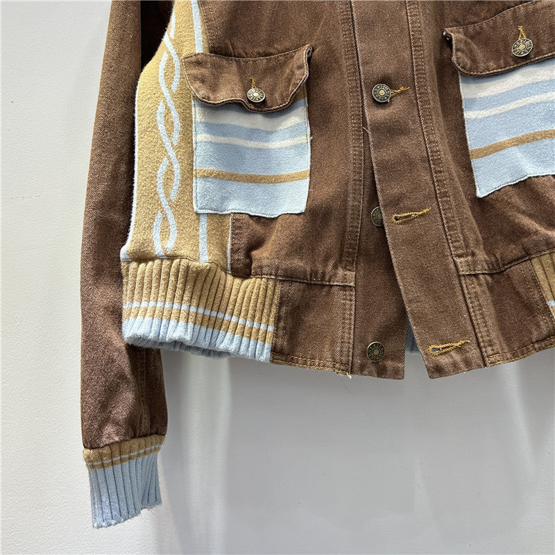 Stand Collar Knitted Stitching Contrast Color Design Minority All-match Coat