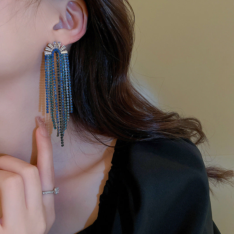 925 Silver Needle Personality U-shaped Zircon Rhinestone Tassel Earrings