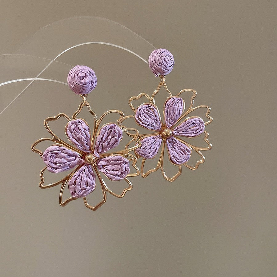 Silver Needle Fabric Flower Pendant Earrings For Women