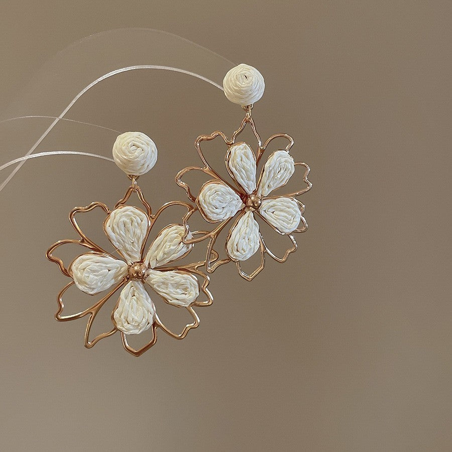 Silver Needle Fabric Flower Pendant Earrings For Women