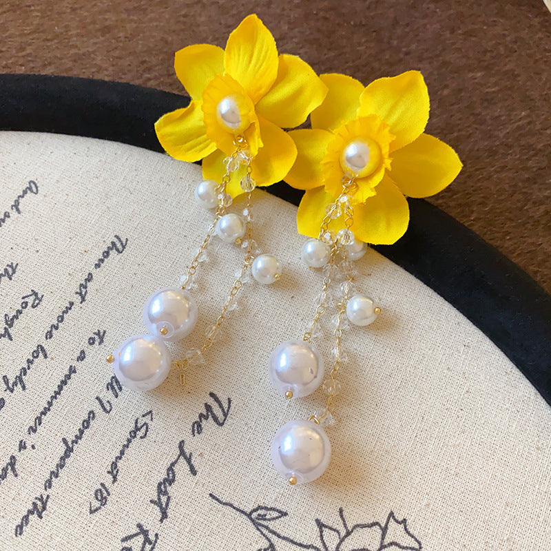 Silver Needle Fabric Flower Pendant Earrings For Women