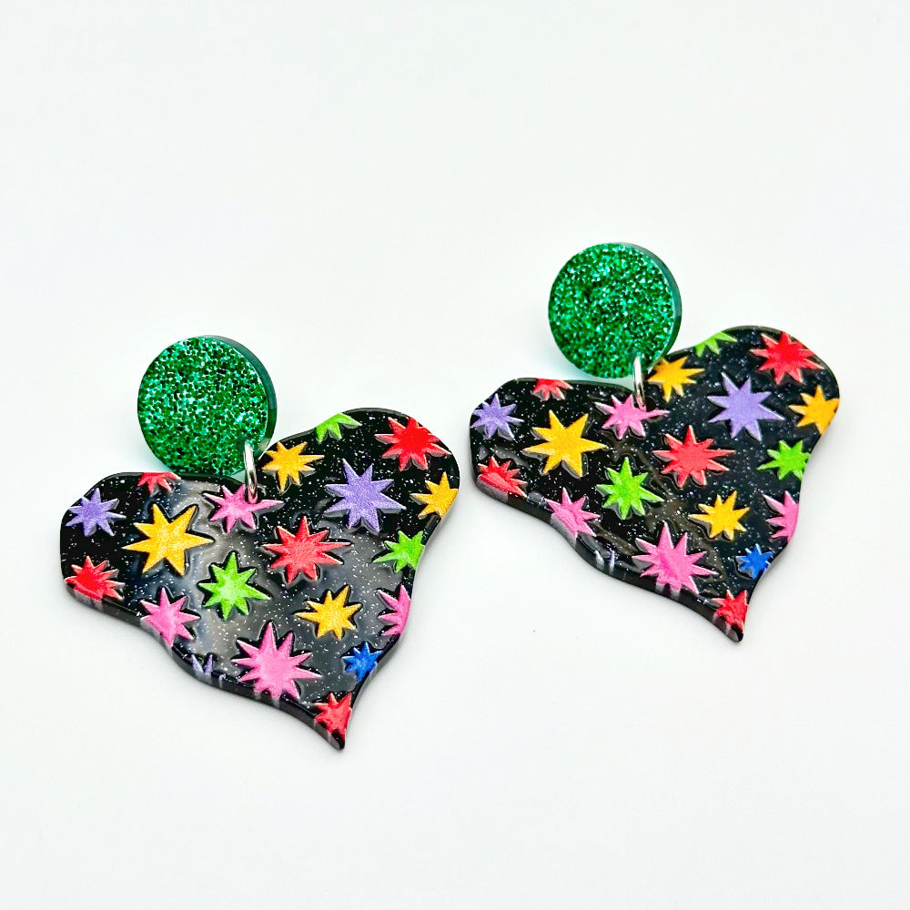 Color Printing Love Heart Acrylic Earrings