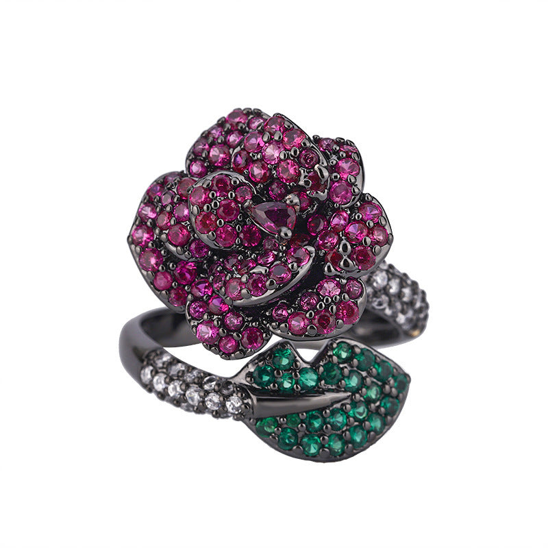 Gold-plated Simulation Red Corundum Black Gold Flower Personality Ring