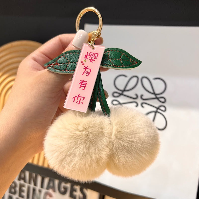 Real Otter Rabbit Fur Grass Little Cherry Car Keychain Pendant
