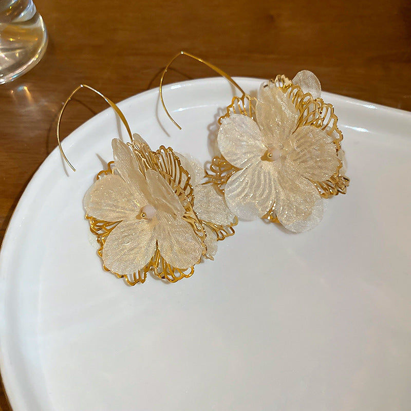 Silver Needle Fabric Flower Pendant Earrings For Women