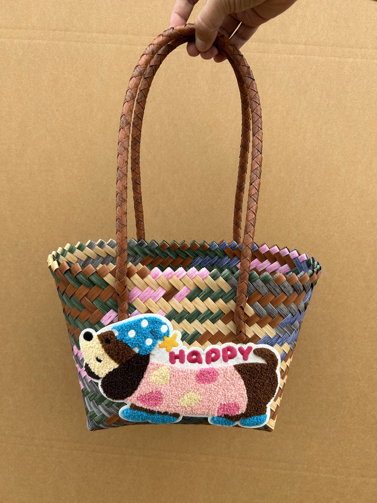 Vintage Stripe Sausage Dog Woven Bag