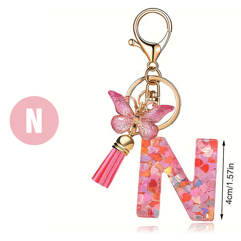 Fashion Letter Love Heart Sequins Butterfly Tassel Keychain