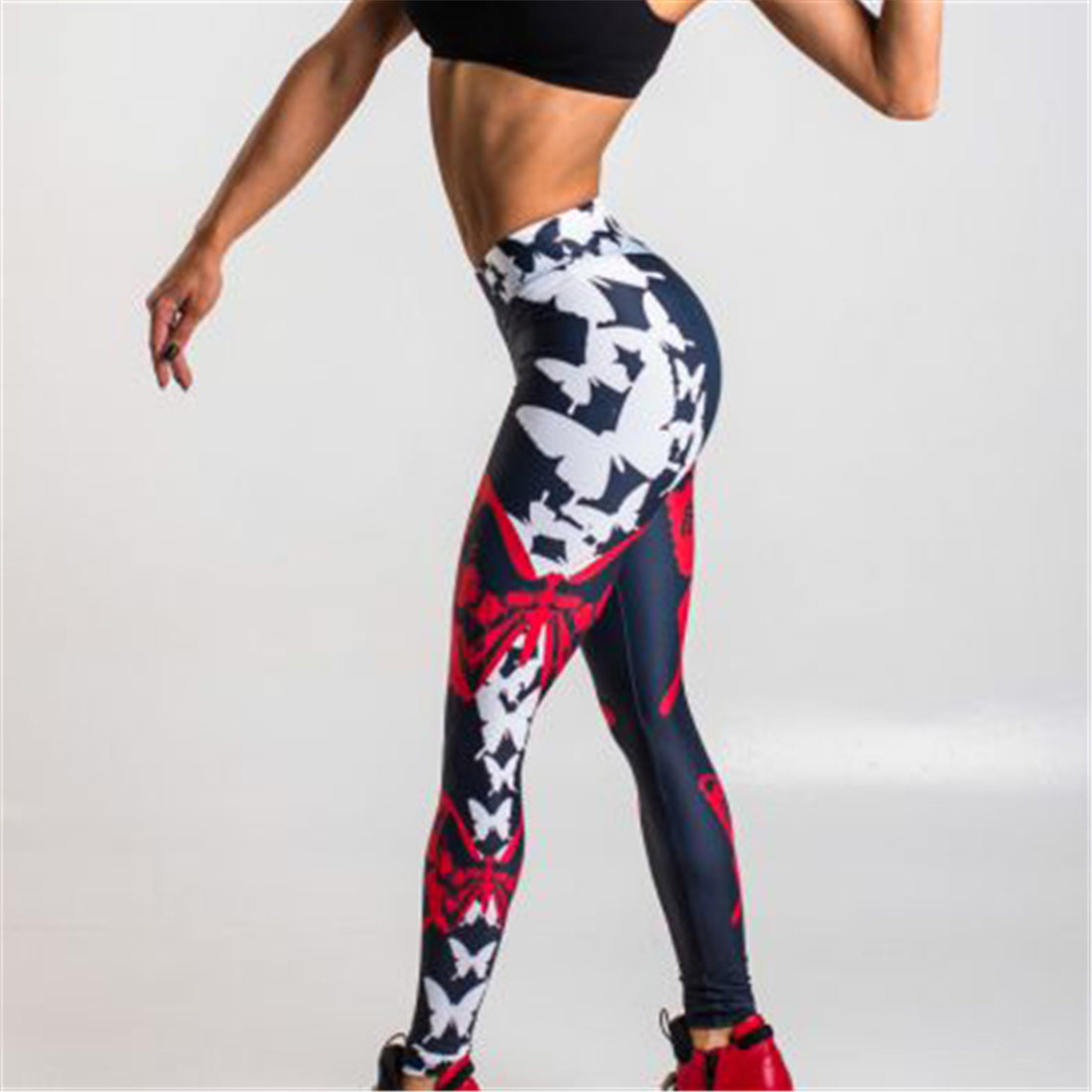 Rote Leggings mit Schmetterlingsdruck für Damen, Sport-Yogahose