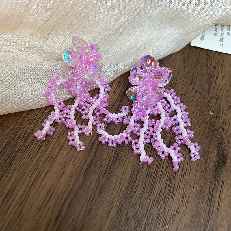 Silver Needle Fabric Flower Pendant Earrings For Women