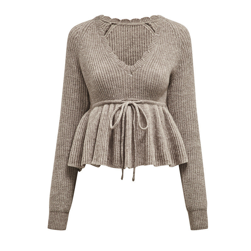 Women's V-neck Lace-up Knitwear Casual Long-sleeved Top European And American Sweater