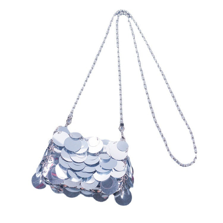 Sequined Woven Chain Shoulder Bag