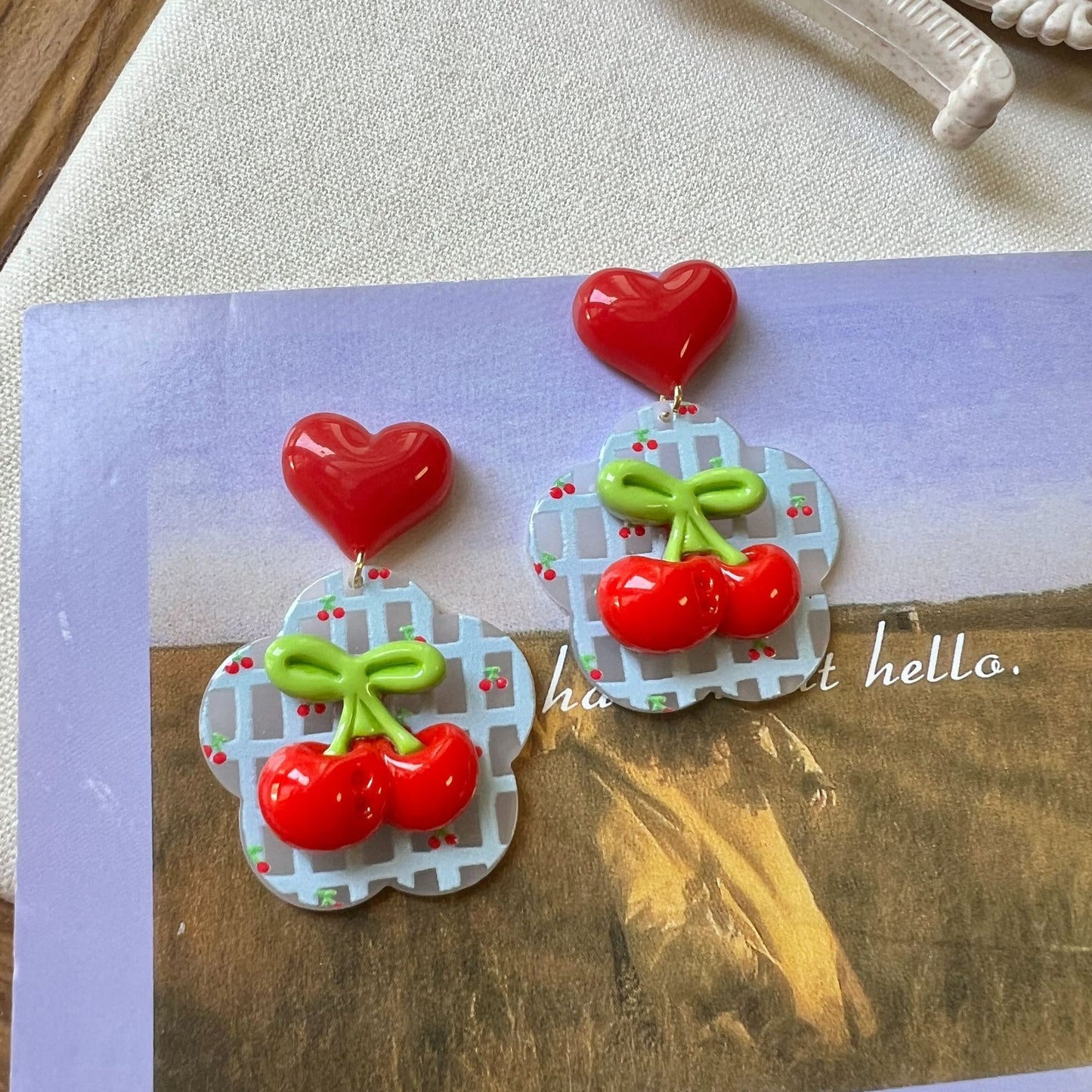 Spring And Summer Cute Cherry Plaid Earrings Girl Love Heart Stud Earrings