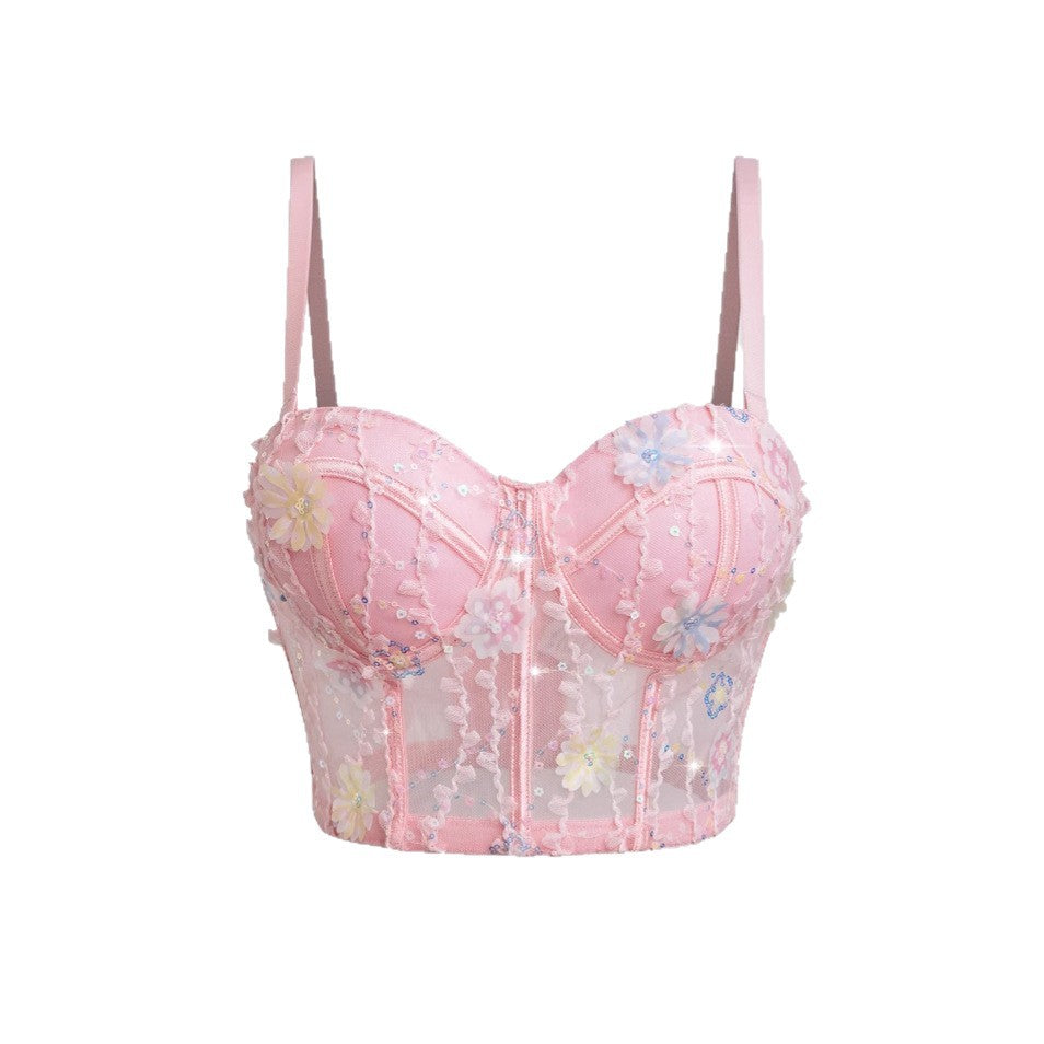 Women's Bra Set Ultra-thin Mesh Fishbone Steel Ring Gathered Embroidered Underwear