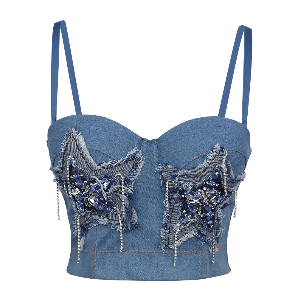 Handmade Rhinestone Strapless Bralette with Fishbone Support