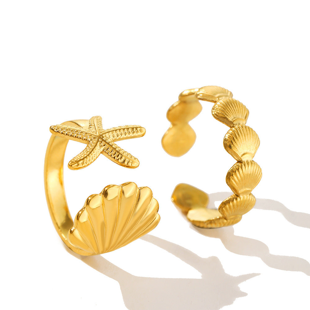 Marine Elements Vacation Style Shell Starfish Open Adjustable Ring For Women