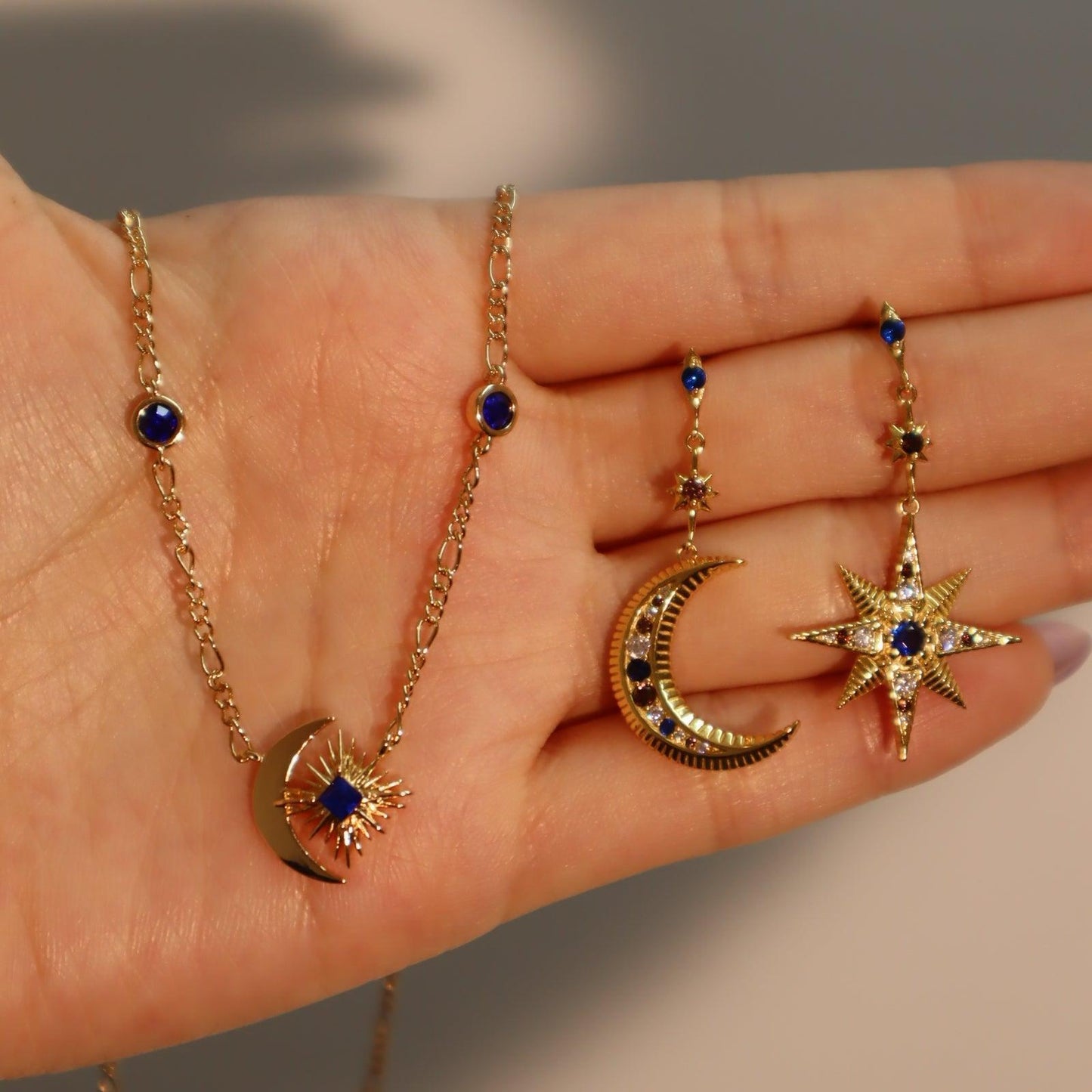 Star Moon Asymmetric Color Zircon Star And Moon Stud Earring