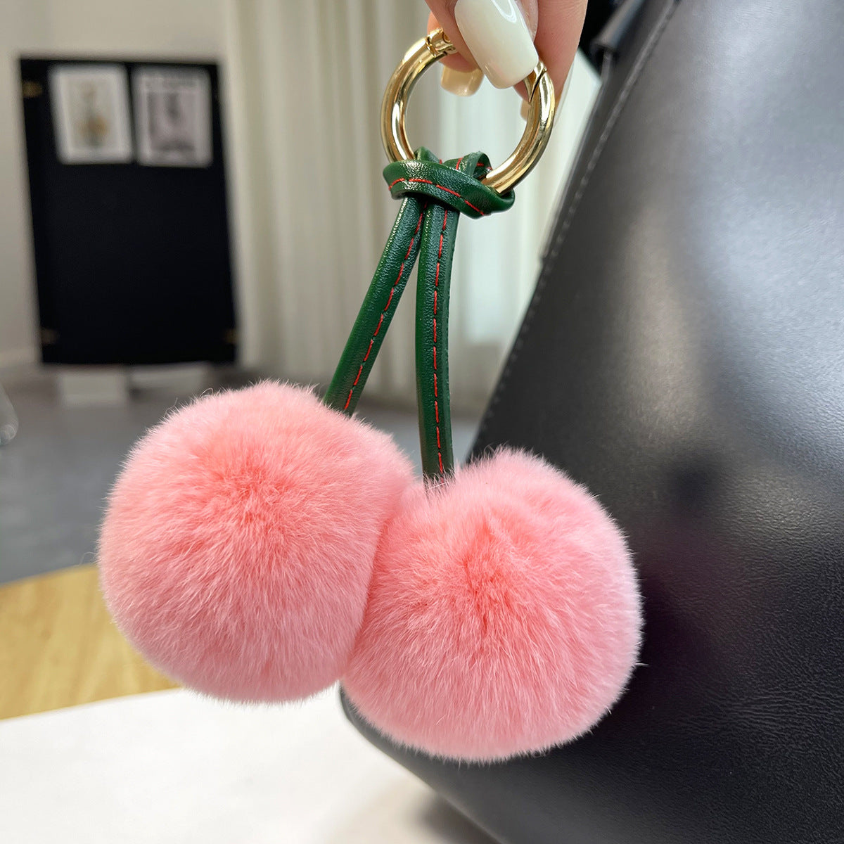 Real Otter Rabbit Fur Grass Little Cherry Car Keychain Pendant