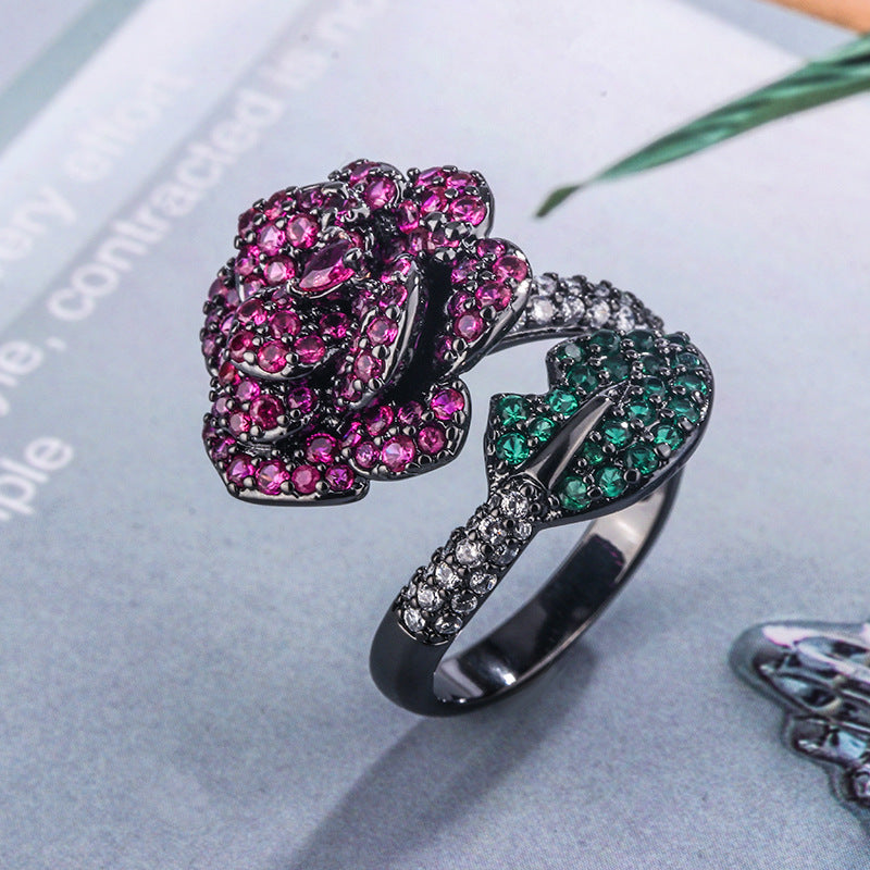 Gold-plated Simulation Red Corundum Black Gold Flower Personality Ring