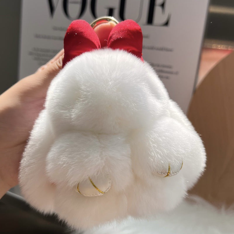 Cute Real Rex Rabbit Hair Bow Bunny Car Key Ring Pendant