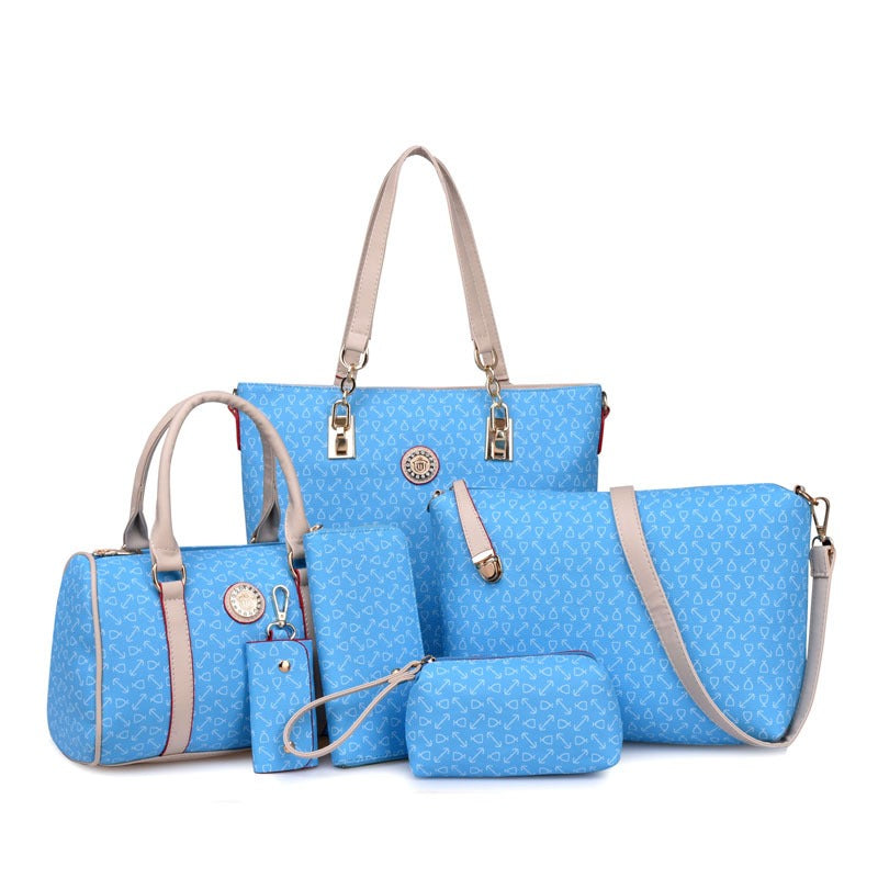 Conjunto de seis piezas de bolso bandolera con estampado de espina de pescado, bolso bandolera portátil con un solo hombro y bandolera cruzada en diagonal.