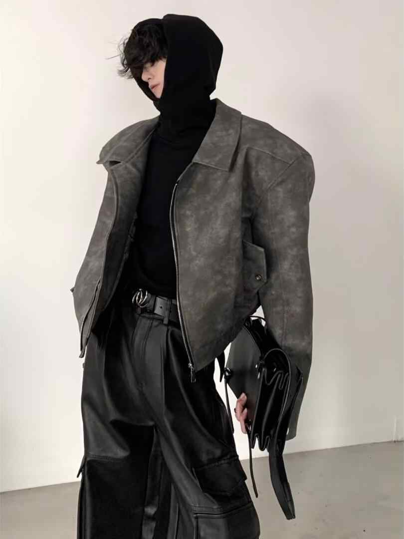 Short Padded Shoulder Brown Leather Coat Men's Pilot Jacket