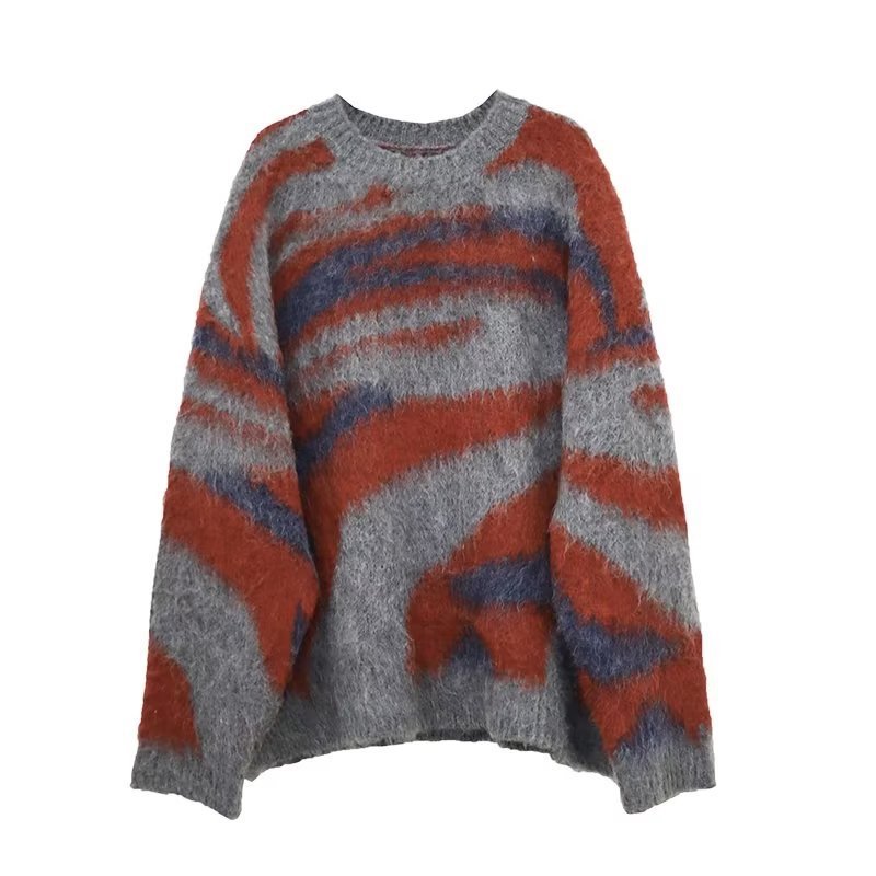 Contrast Color Stripes Idle Style Winter Loose Retro New Mohair Knitwear Sweater