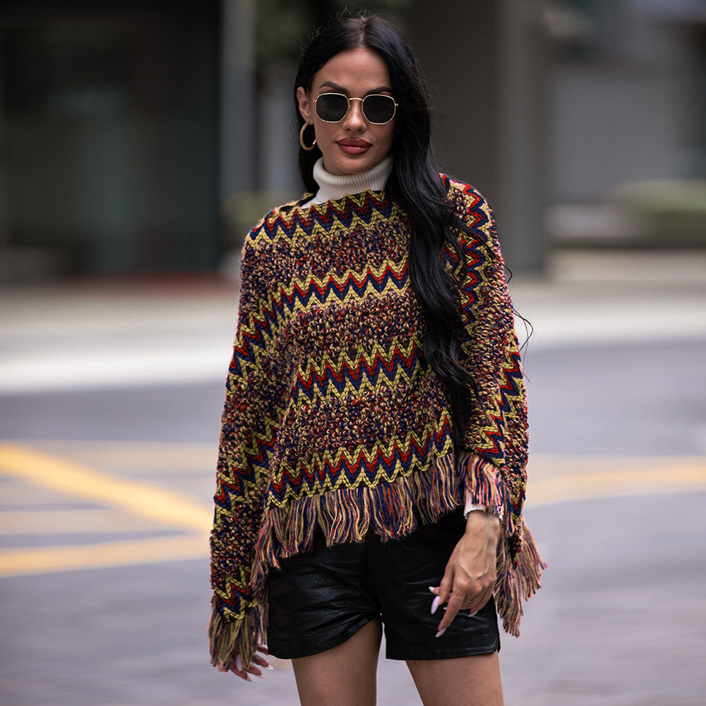 V-neck Cloak Type Twill Plaid Tassel Pullover Shawl Knitwear Sweater