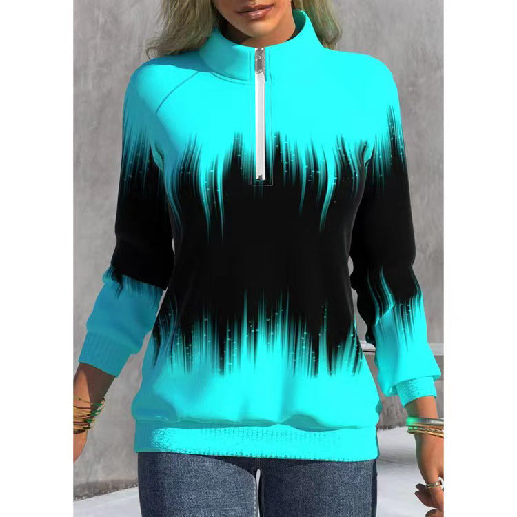 Gradient Color Print Neck Zipper Long Sleeve Winter Half-Turtleneck Sweatshirt
