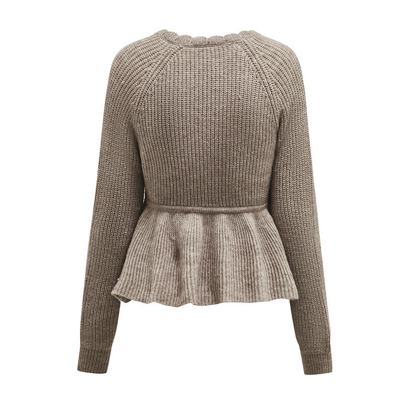 Women's V-neck Lace-up Knitwear Casual Long-sleeved Top European And American Sweater