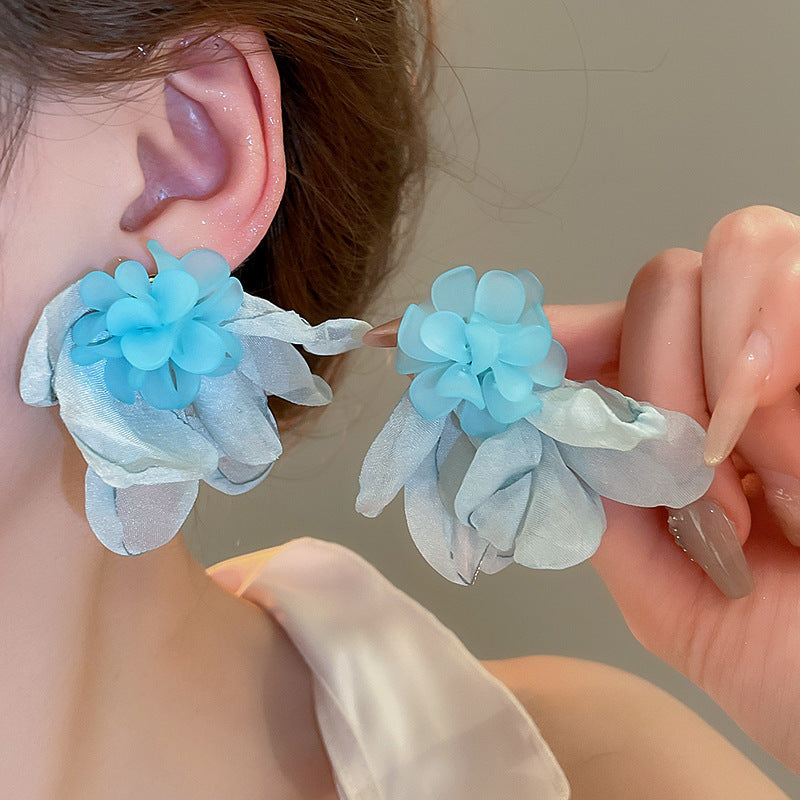 Silver Needle Fabric Flower Pendant Earrings For Women