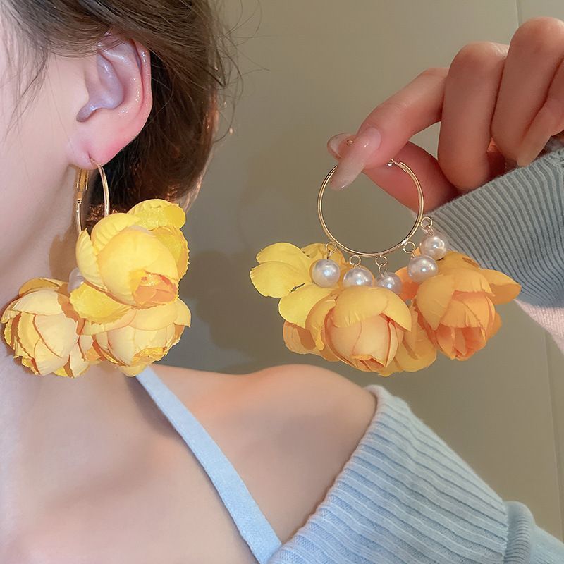 Silver Needle Fabric Flower Pendant Earrings For Women