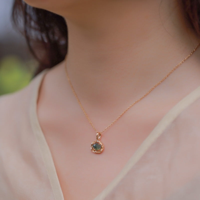 Agete Japanese Style Mild Luxury Jewelry S925 Sterling Silver Necklace Women's All-match Special-interest Design Lianzhi Green Moss Necklace
