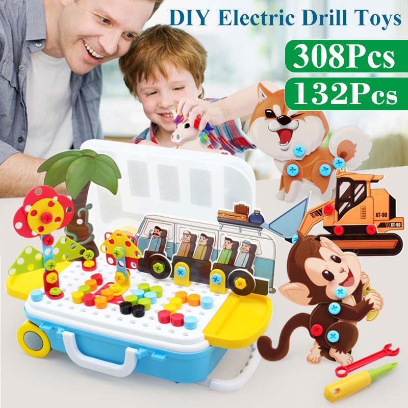 132/308 piezas de juguetes de taladro eléctrico para niños, rompecabezas educativo DIY