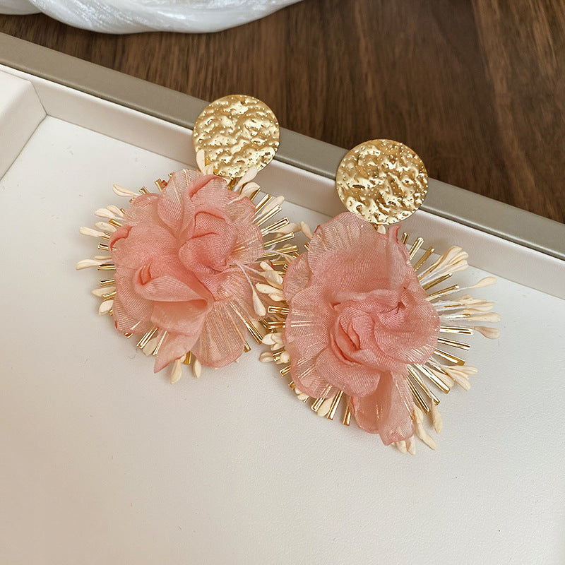 Silver Needle Fabric Flower Pendant Earrings For Women