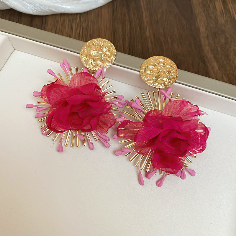 Silver Needle Fabric Flower Pendant Earrings For Women