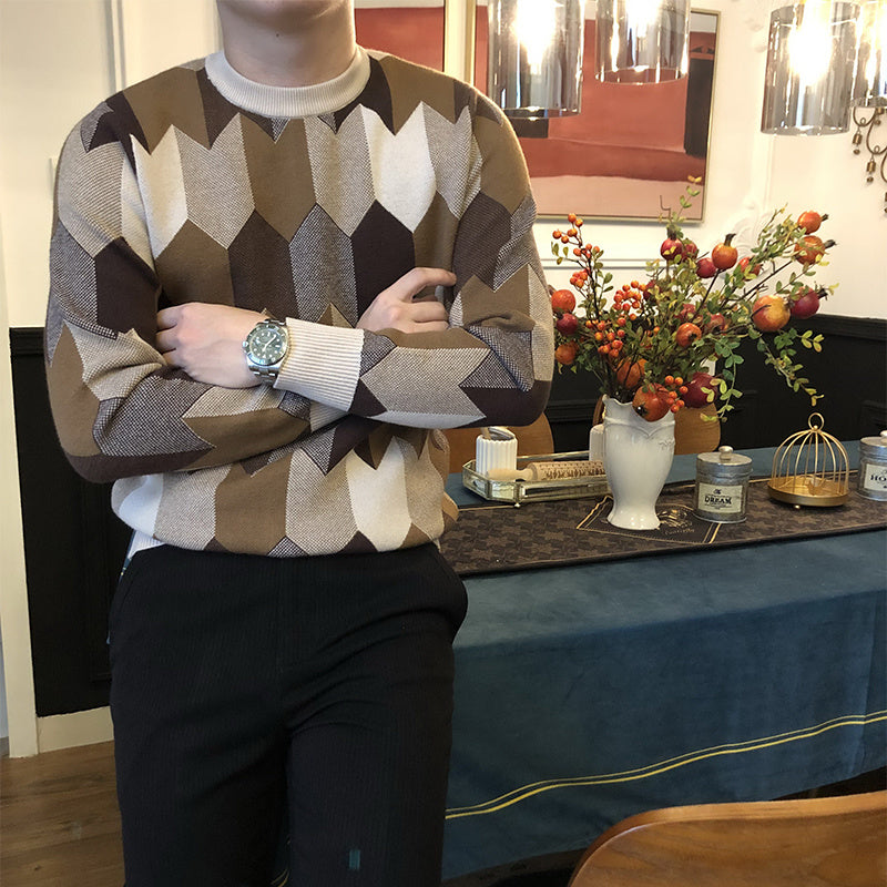 Geometric Jacquard Sweater Men's Trendy Fashion Retro Knitted Sweater Top