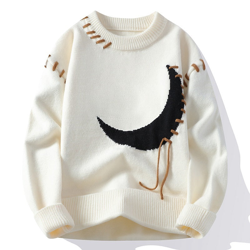 Suéter de cuello redondo con estampado de luna y jacquard para hombre