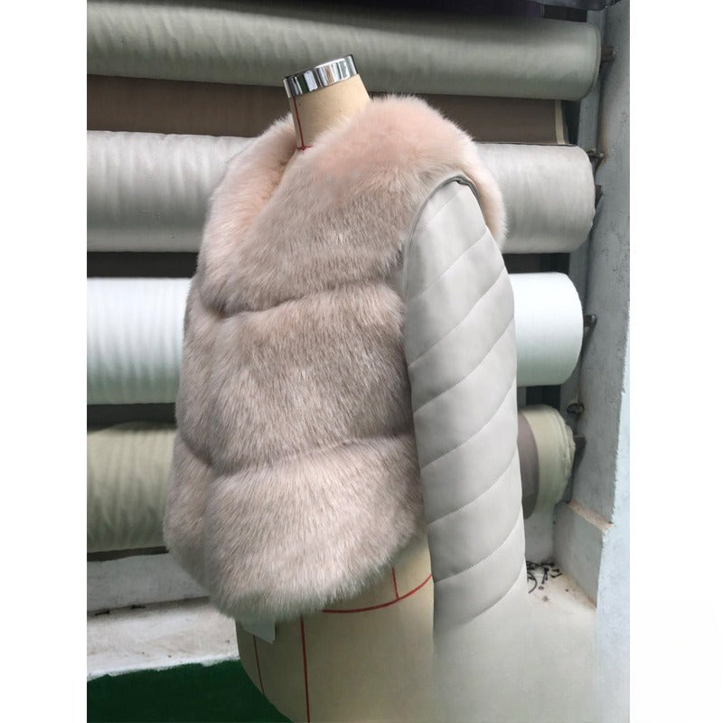 Korean Casual PU Leather Removable Sleeve Warm Coat