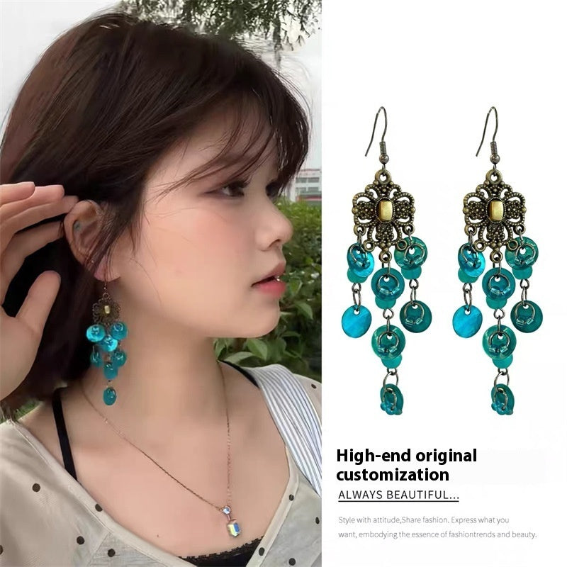 Flower Pattern Shell Tassel Round Earrings Light Luxury High Sense